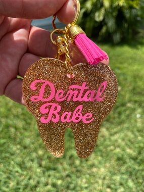Dental Babe Glitter Tooth Keychain with Pink Tassel